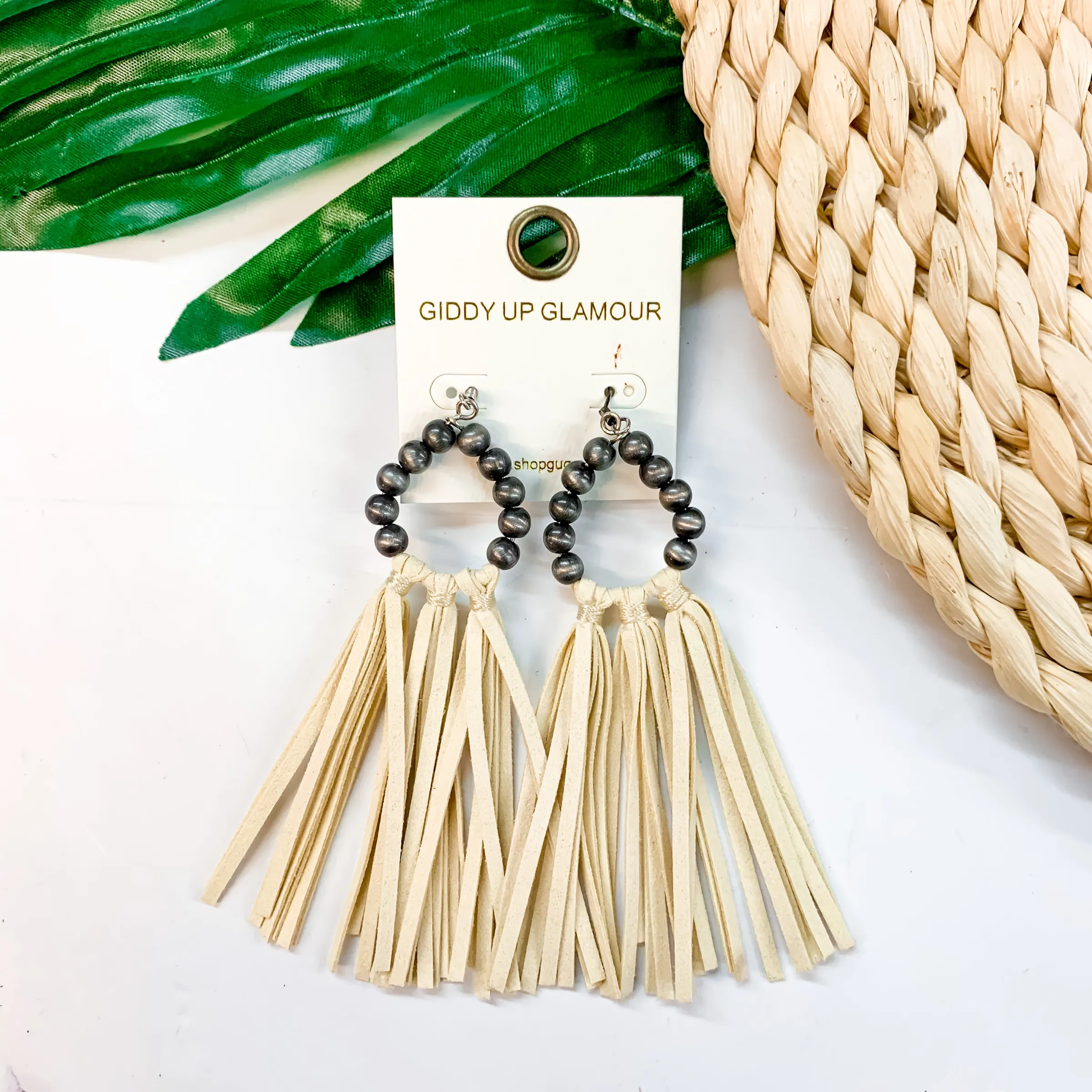 Feelin' Fabulous Navajo Teardrop Earrings With Leather Tassels in White