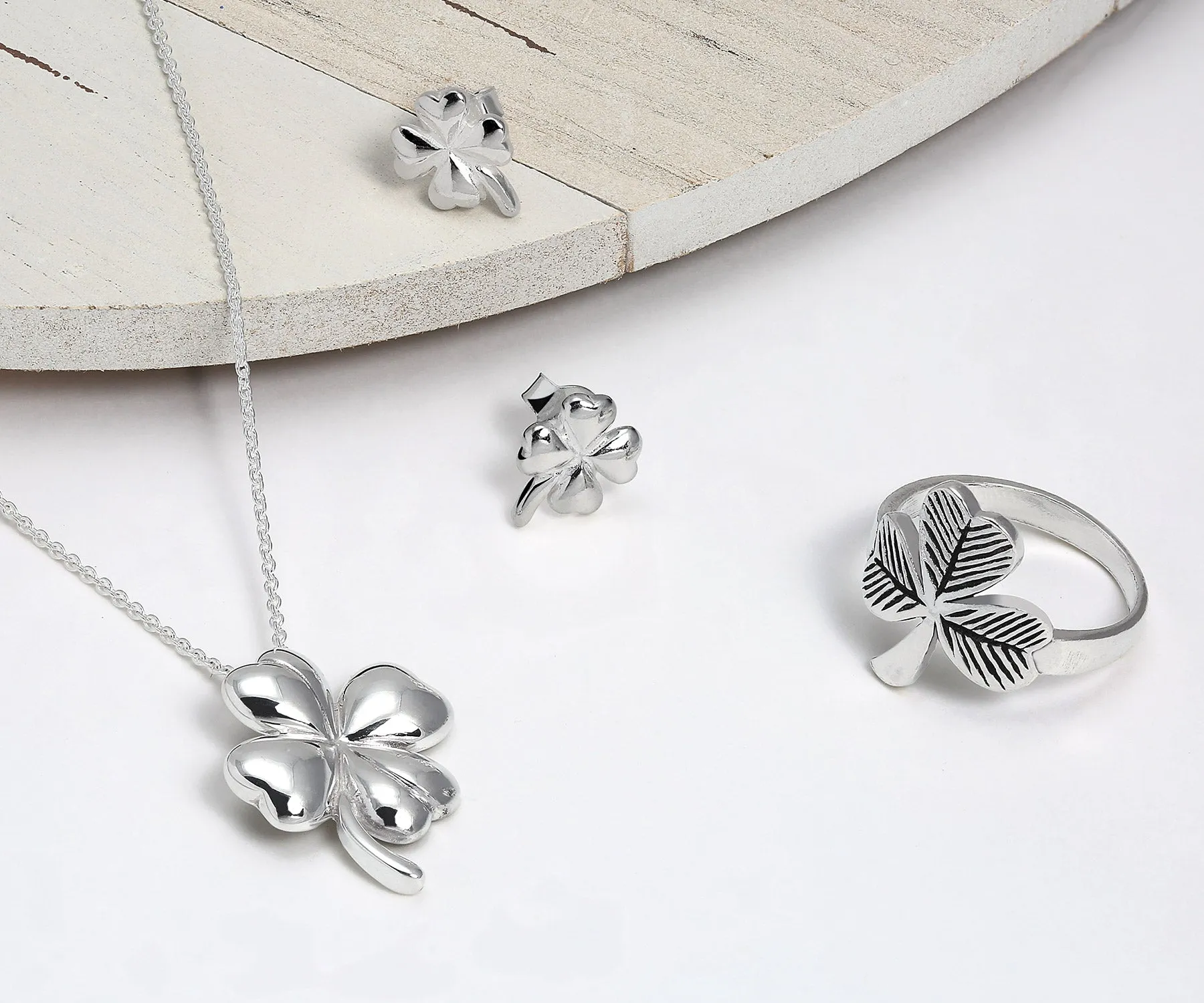 Flower Clover Charm Pendant Earrings Jewelry Set Gold-Plated Sterling Silver Necklace