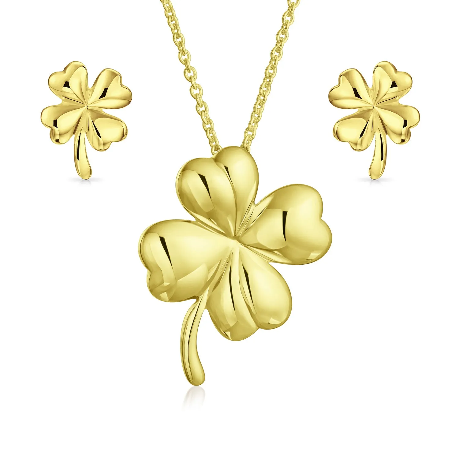 Flower Clover Charm Pendant Earrings Jewelry Set Gold-Plated Sterling Silver Necklace