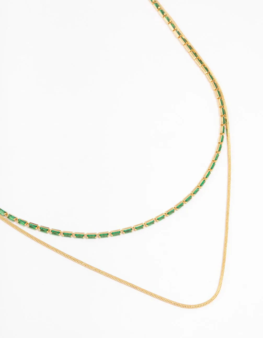 Gold Plated Cubic Zirconia Emerald Baguette Dainty Layered Necklace