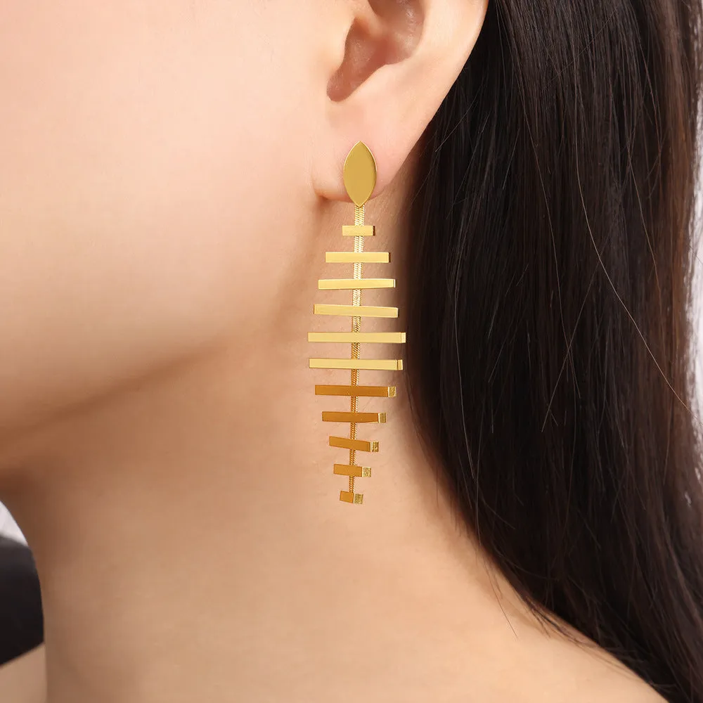 Golden Fishbone Statement Earrings - Unique Metal Design Jewelry from Planderful Collection