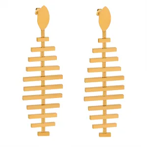 Golden Fishbone Statement Earrings - Unique Metal Design Jewelry from Planderful Collection