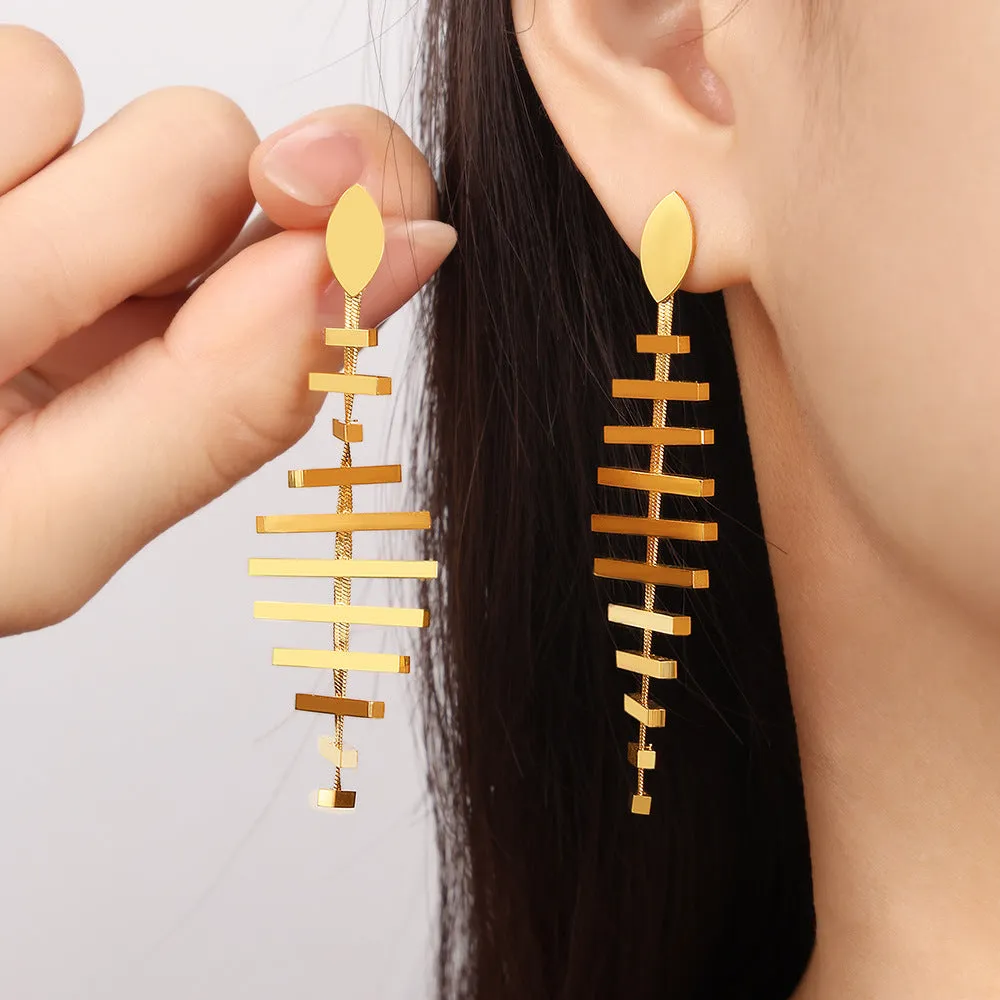 Golden Fishbone Statement Earrings - Unique Metal Design Jewelry from Planderful Collection