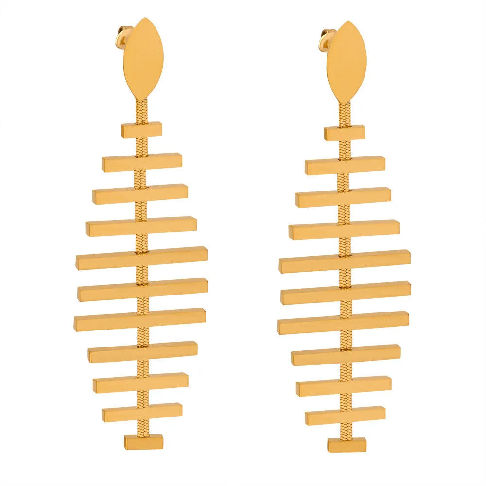 Golden Fishbone Statement Earrings - Unique Metal Design Jewelry from Planderful Collection