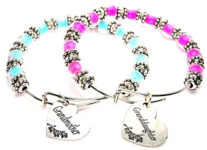 Grandmother And Granddaughter Gift Set Of Two Glass Beaded 9mm Bracelets in Aqua Blue And Hot Pink