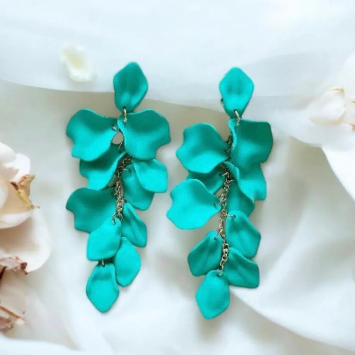 Green - turquoise flower earrings | dangle petals baroque earrings | unique gold geometric floral earrings | bridal party wedding earrings