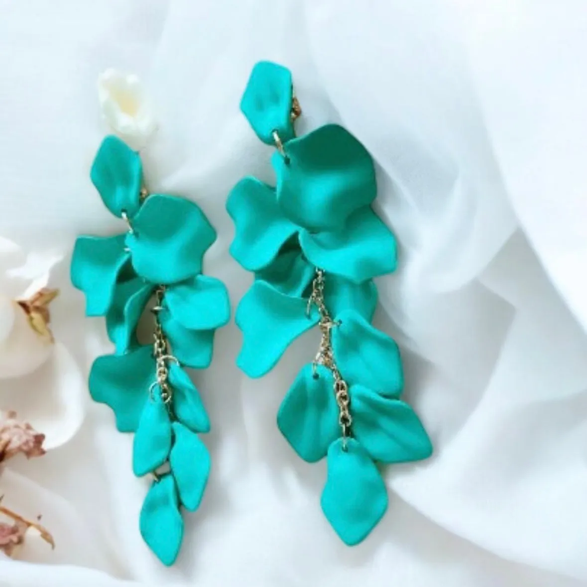 Green - turquoise flower earrings | dangle petals baroque earrings | unique gold geometric floral earrings | bridal party wedding earrings