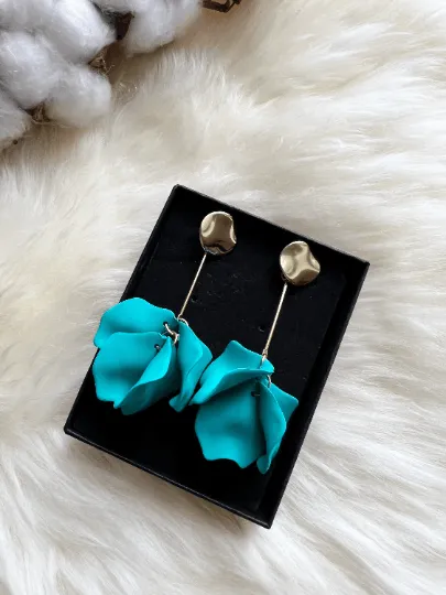 Green - Turquoise flower earrings | dangle petals baroque earrings | unique golden bar geometric floral earrings | bridal party wedding earrings