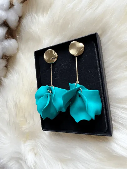 Green - Turquoise flower earrings | dangle petals baroque earrings | unique golden bar geometric floral earrings | bridal party wedding earrings