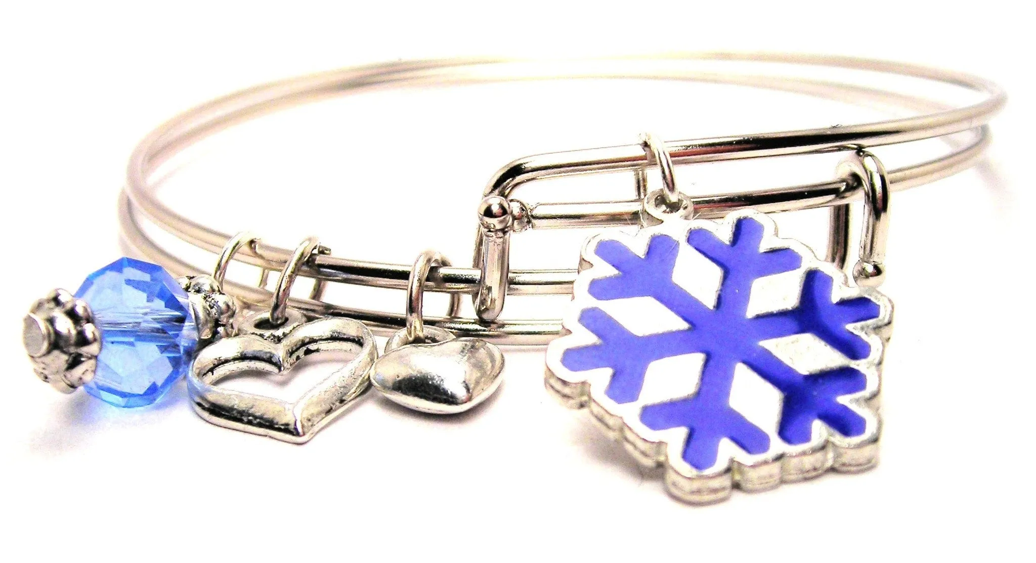 Hand Painted Sapphire Engraved Snowflake Expandable Bangle Bracelet Set