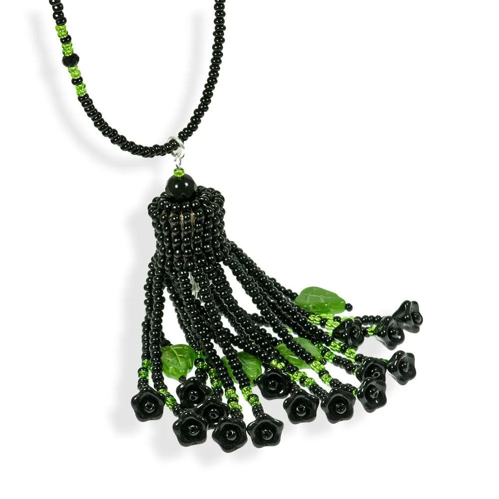 Handmade Black Green Shimmering Long Tassel Necklace