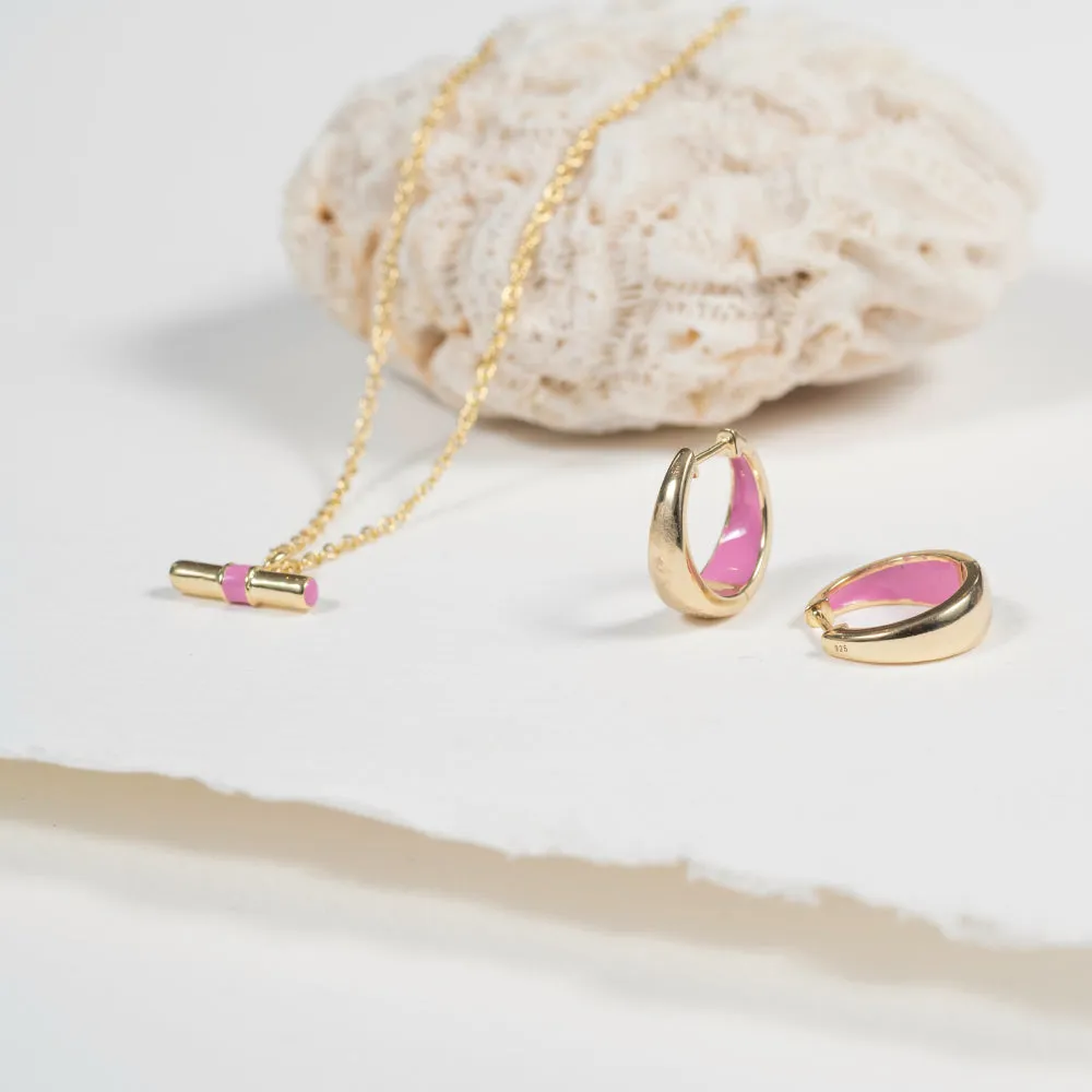 Havana Gold and Flamingo Pink Enamel T-Bar Necklace