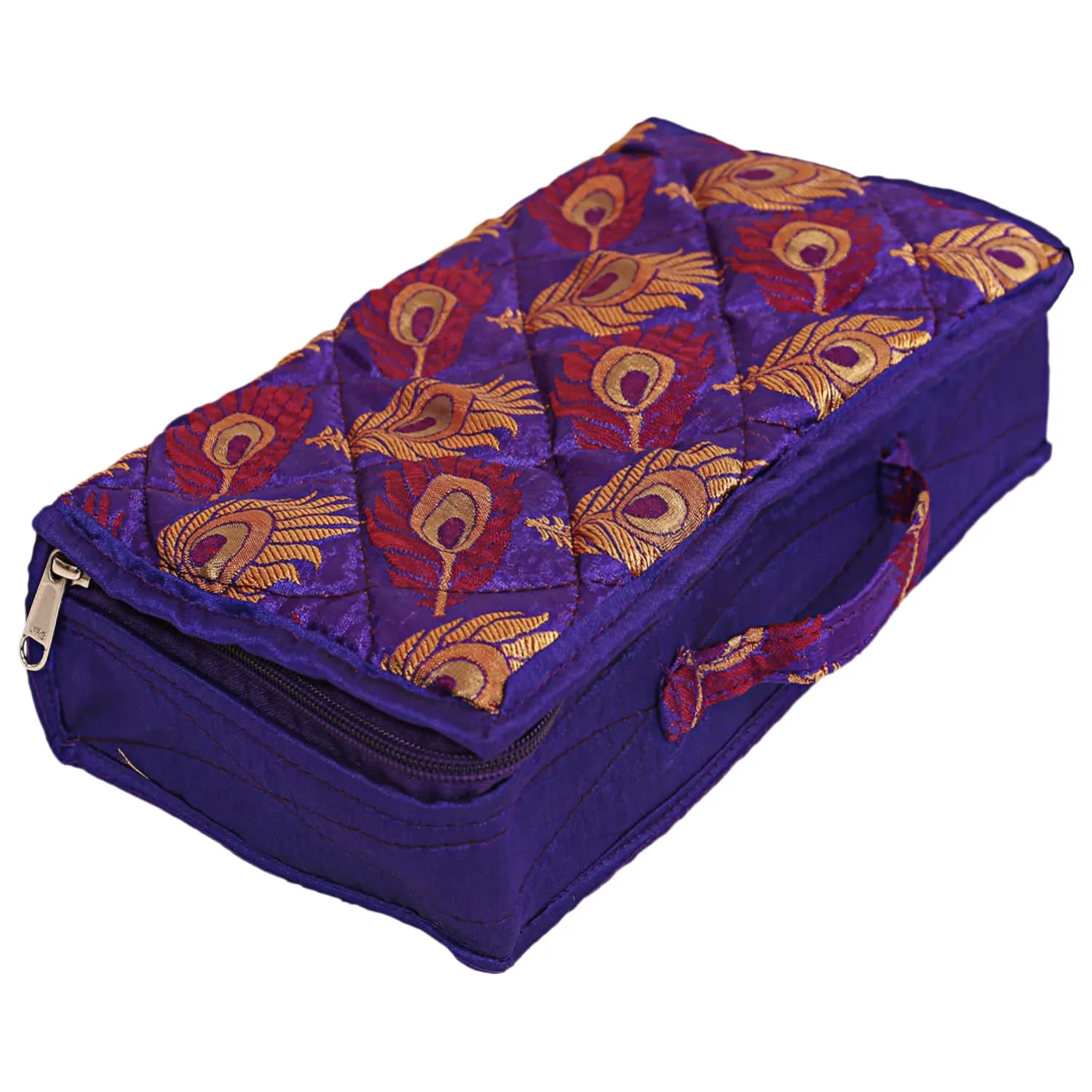 Heart Home Feather Print Satin Jewellery Organizer For Small Jewellery With 4 Pouches (Purple) 54HH4060.