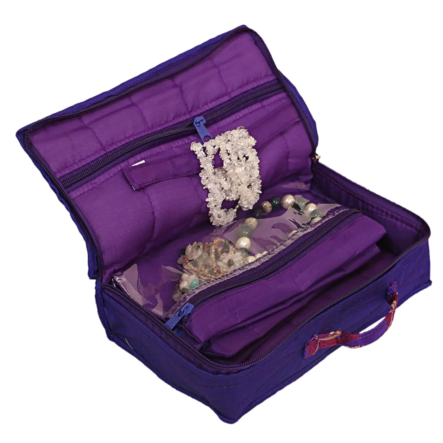 Heart Home Feather Print Satin Jewellery Organizer For Small Jewellery With 4 Pouches (Purple) 54HH4060.