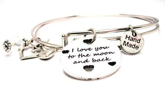 I Love You To The Moon And Back With Hearts Expandable Bangle Bracelet Set