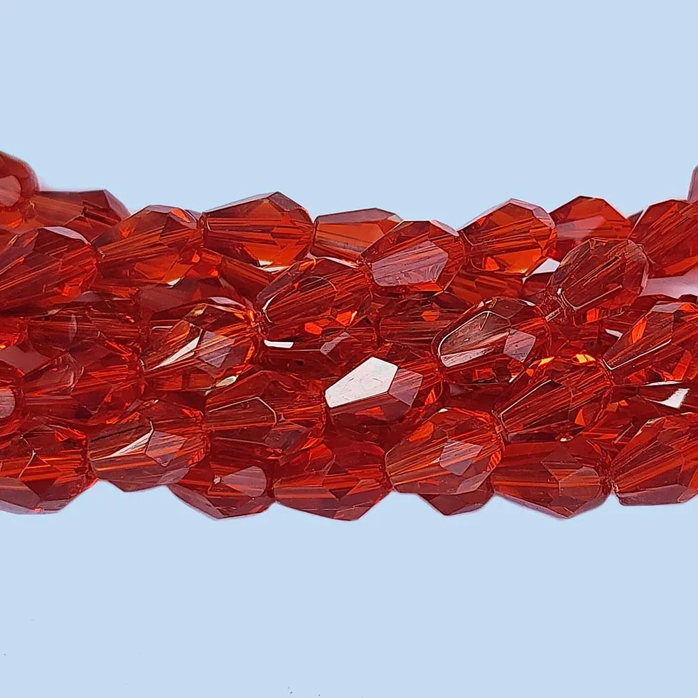 Jewelry Making Crystal Fire polished imported Glass beads Drop New Cut Shape Red Color Transparent 6x9mm Size Approximately  43 Beads in a string