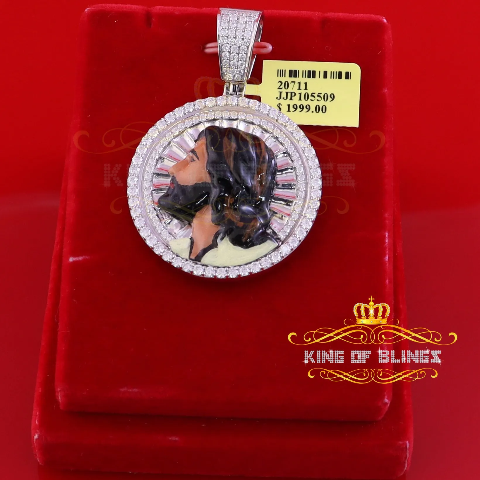 King Of Bling's 1.50 inch 925 Silver Enamel JESUS White Pendant 3.00ct Moissanite for He/She