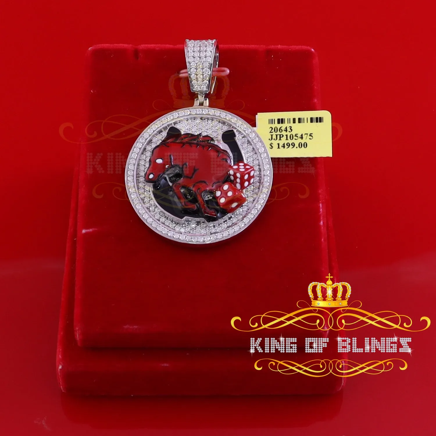 King Of Bling's 925 Silver White HORSE SHOE Enamel Pendant with 5.00ct Genuine Moissanite