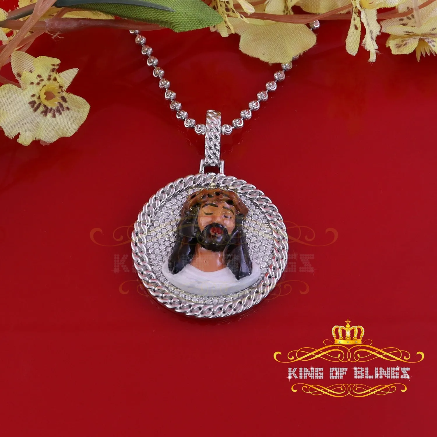 King Of Bling's 925 Sterling Silver 2.00ct W/Crushed Moissanite White "1.50" Jesus Charm Pendant