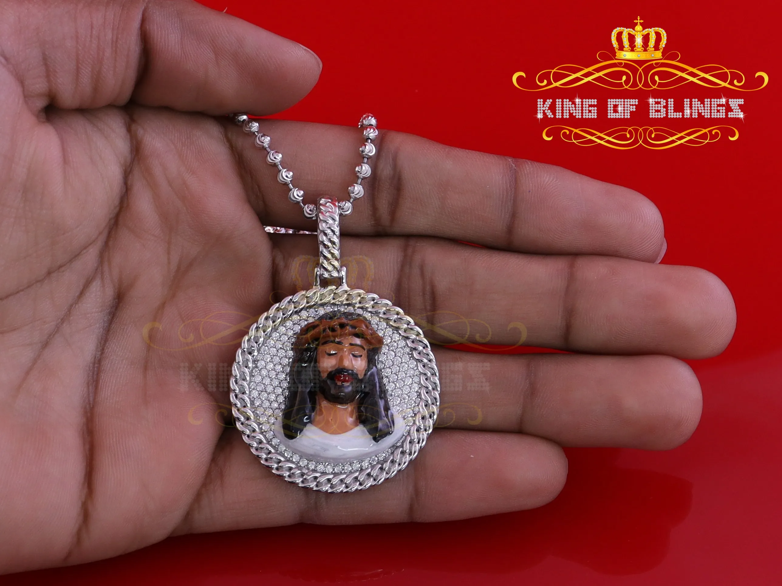 King Of Bling's 925 Sterling Silver 2.00ct W/Crushed Moissanite White "1.50" Jesus Charm Pendant