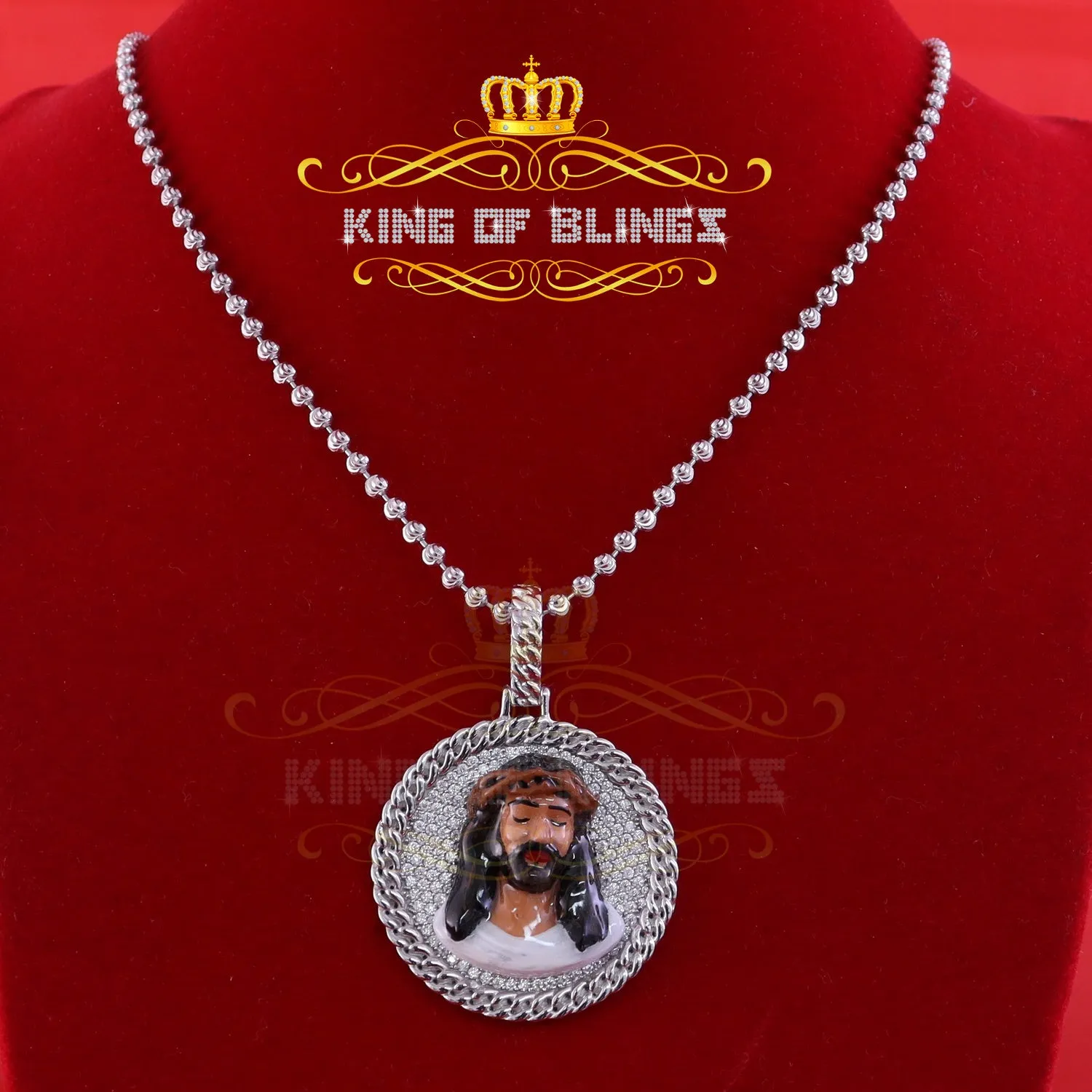 King Of Bling's 925 Sterling Silver 2.00ct W/Crushed Moissanite White "1.50" Jesus Charm Pendant