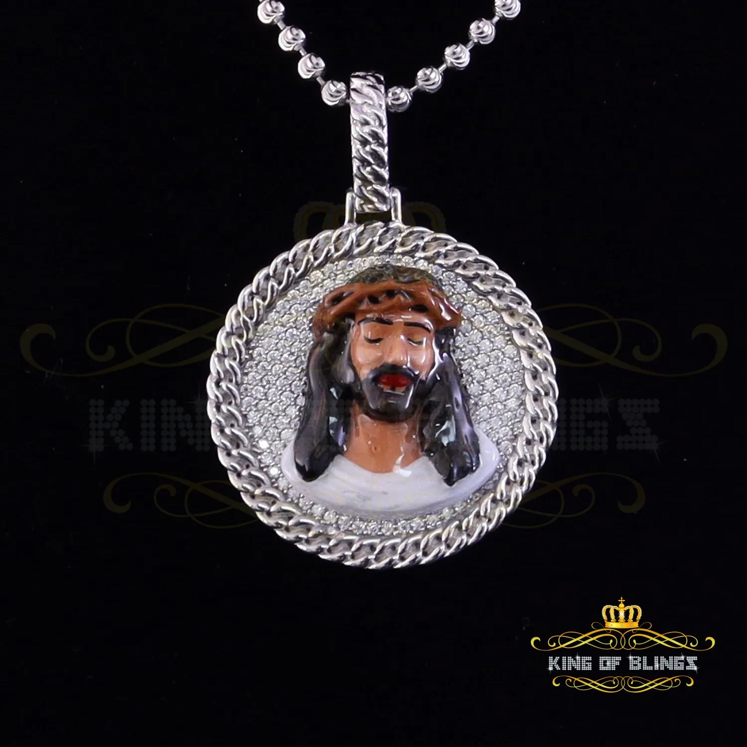 King Of Bling's 925 Sterling Silver 2.00ct W/Crushed Moissanite White "1.50" Jesus Charm Pendant