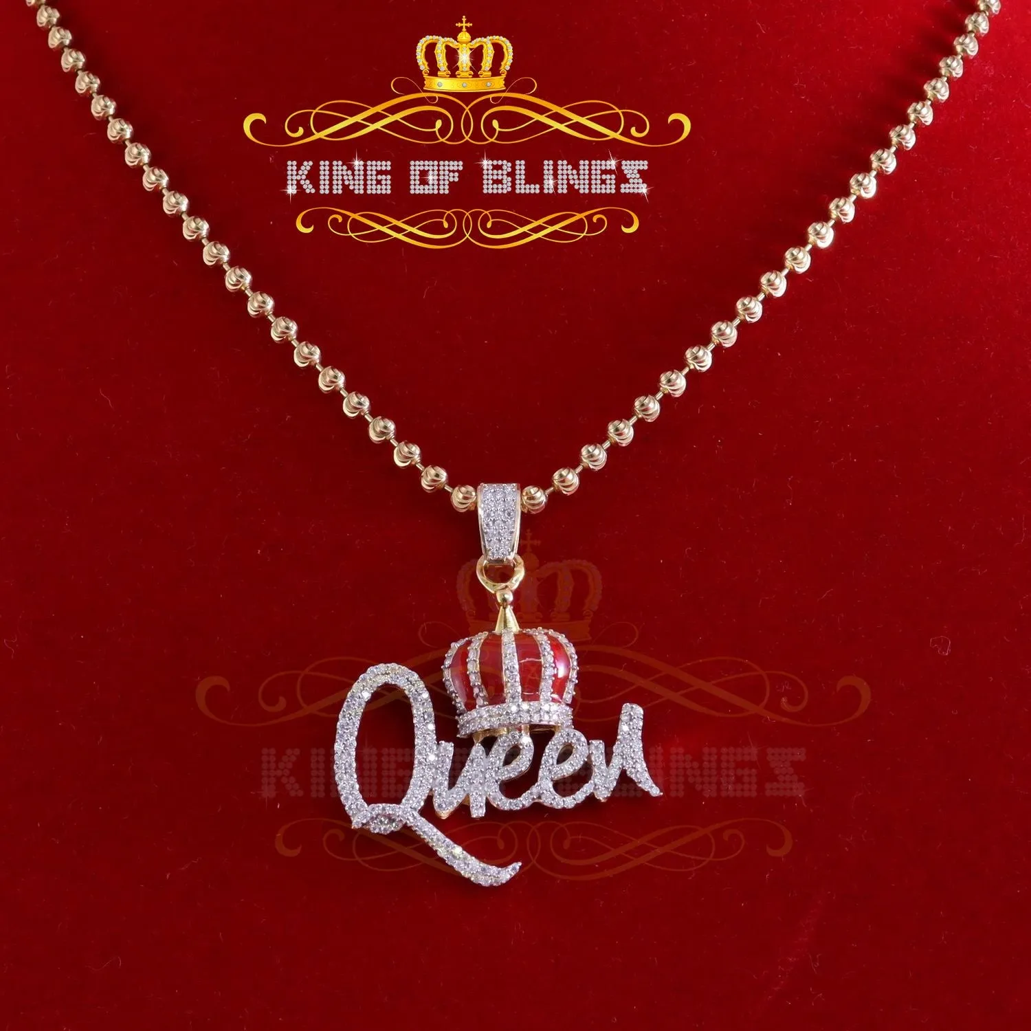 King Of Bling's King 2ct Real Moissanite Sterling Silver Yellow "QUEEN with CROWN BELL Pendant