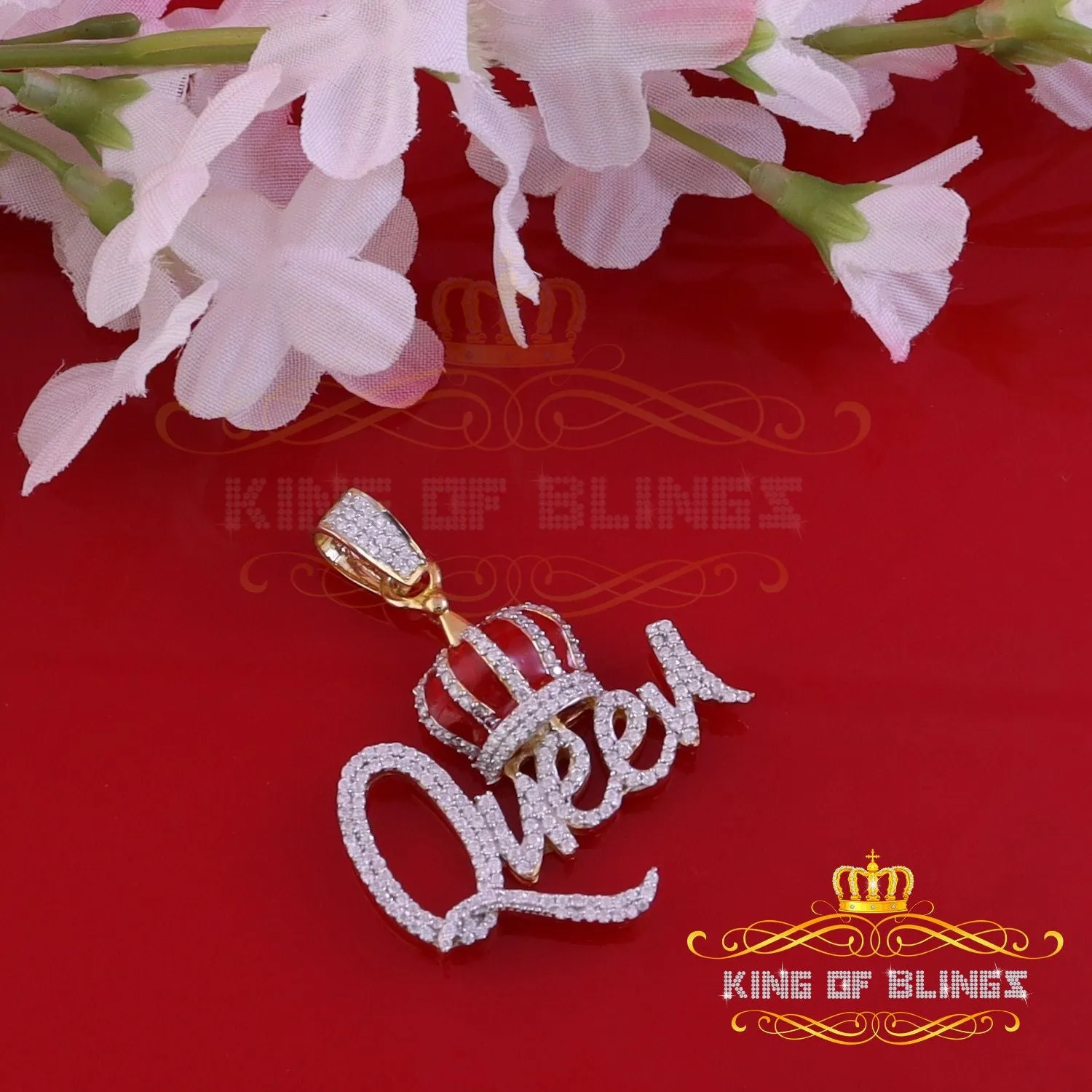 King Of Bling's King 2ct Real Moissanite Sterling Silver Yellow "QUEEN with CROWN BELL Pendant