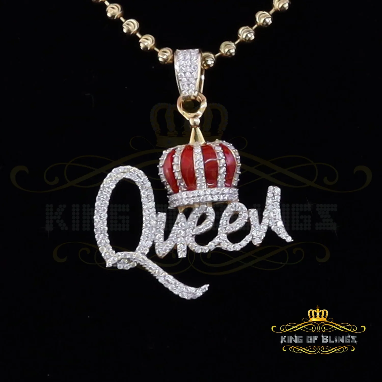 King Of Bling's King 2ct Real Moissanite Sterling Silver Yellow "QUEEN with CROWN BELL Pendant