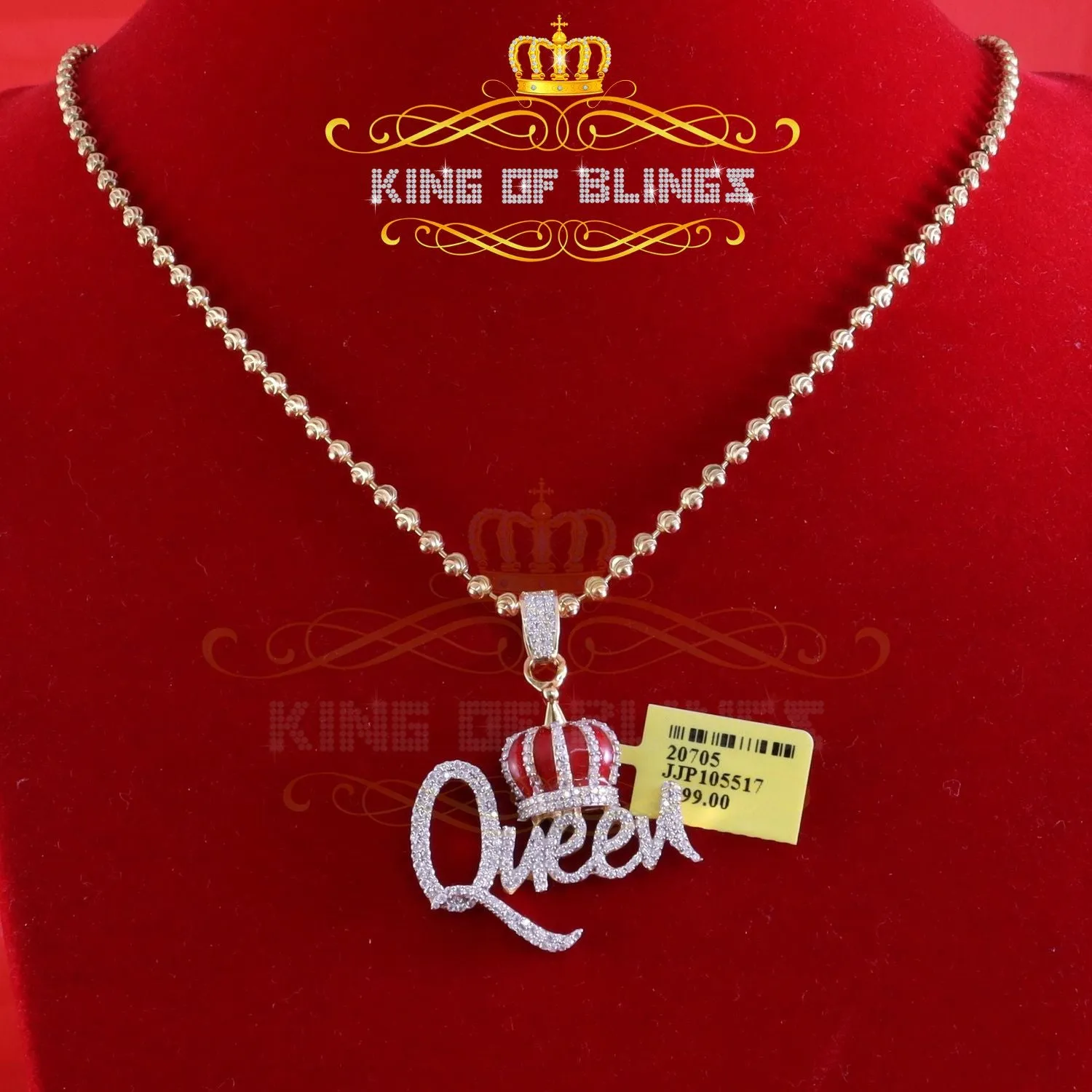 King Of Bling's King 2ct Real Moissanite Sterling Silver Yellow "QUEEN with CROWN BELL Pendant