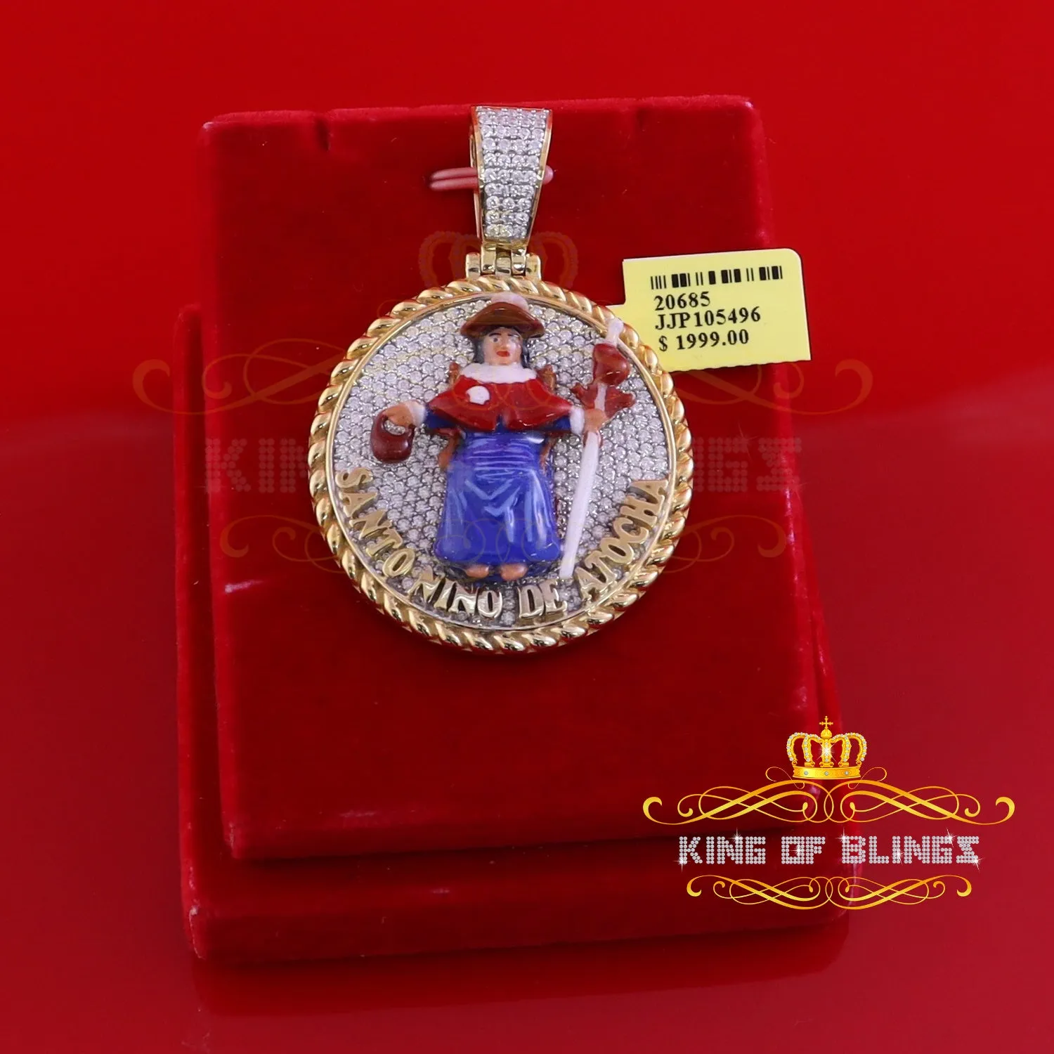 King Of Bling's SANTO NINO DEATOCHA Sterling Silver Yellow Pendant with 3.0ct Genuine Moissanite