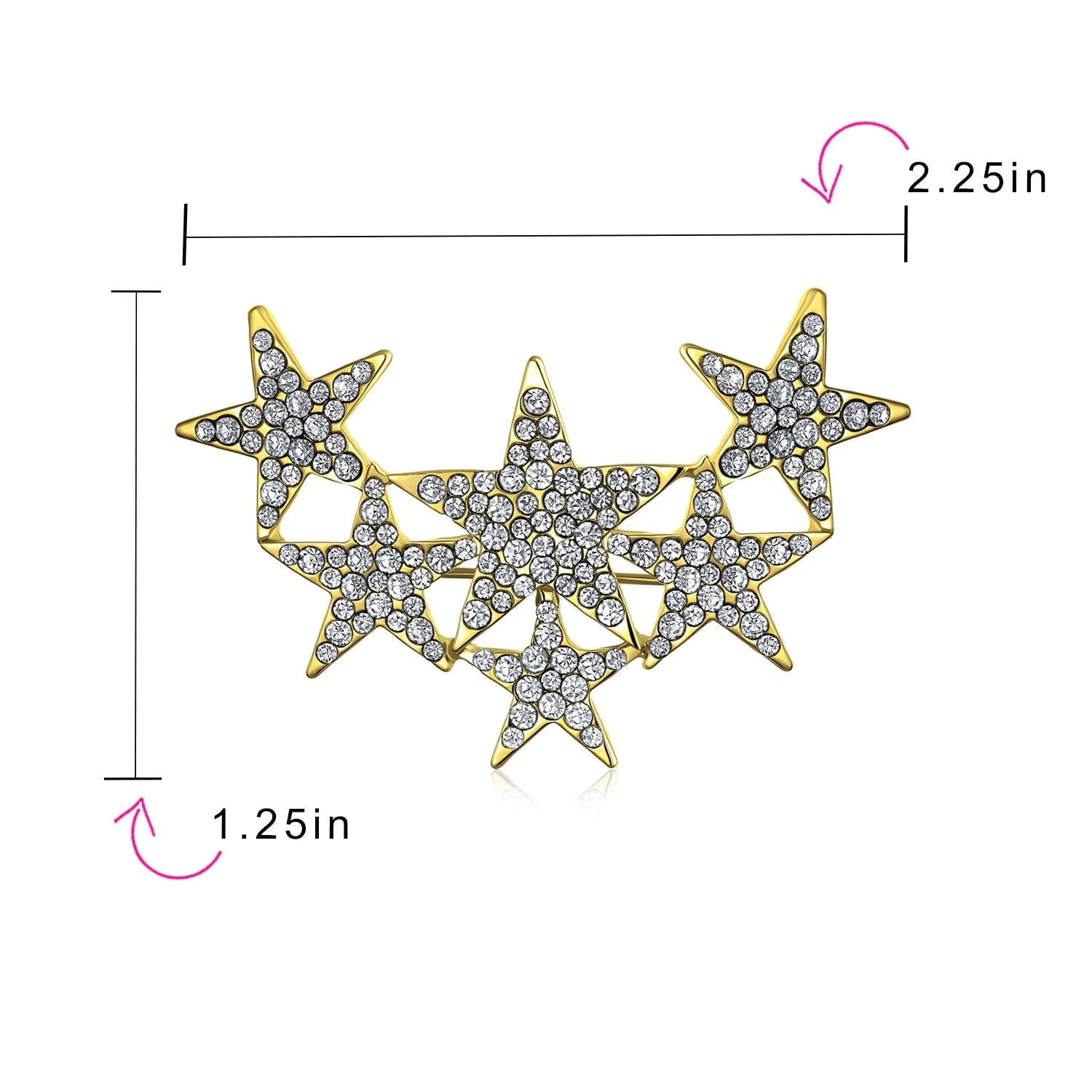 Large Statement Celestial Patriotic USA Rock Star Crystal Stars Brooche Pin SilverGold