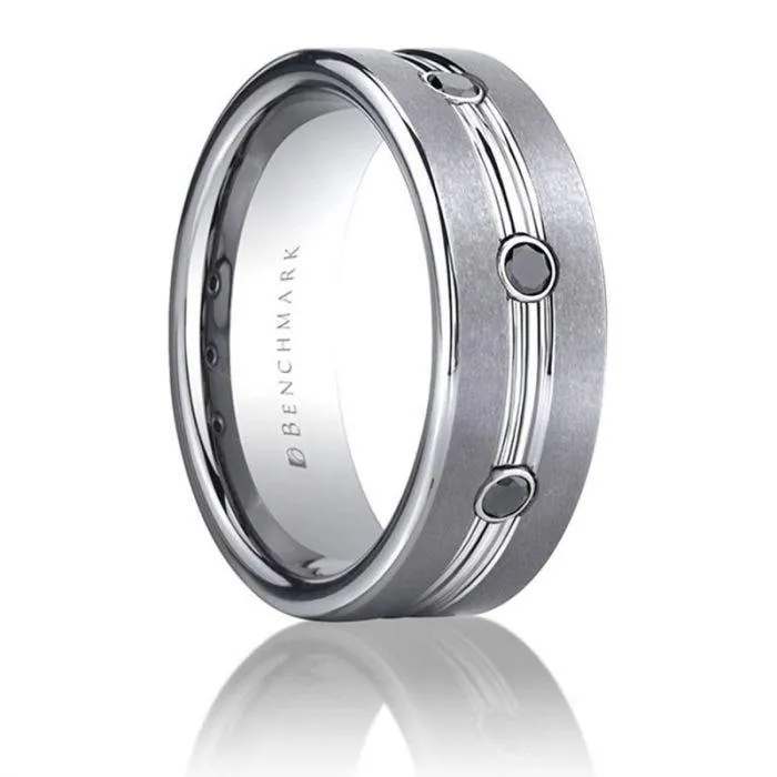 LAS VEGAS Flat Satin Finished Tungsten Ring with Black Diamonds by Benchmark - 7mm