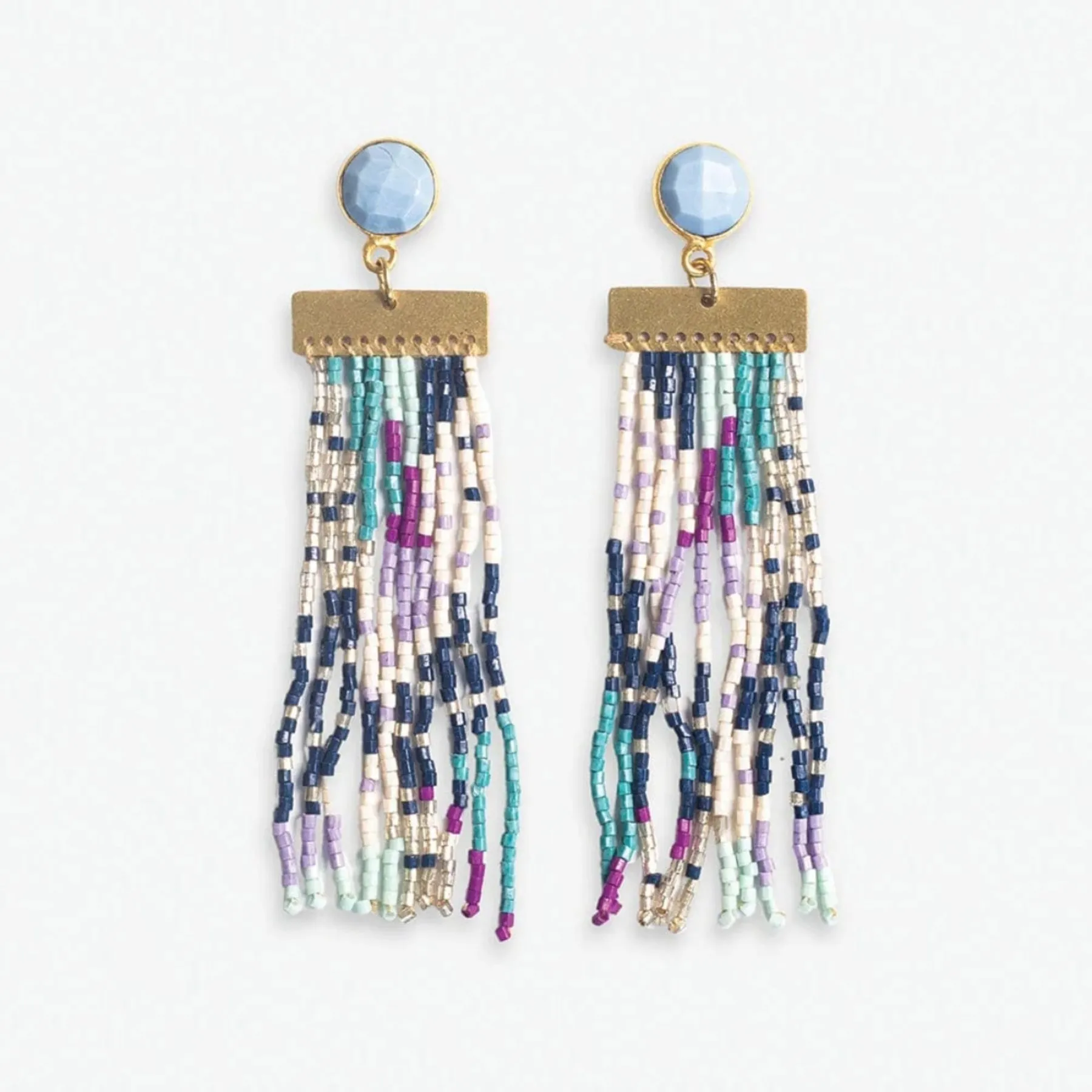 Lilah Semi-Precious Stone Post With Organic Shapes Beaded Fringe Earrings