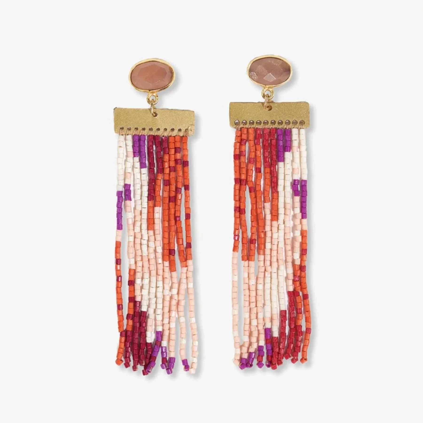 Lilah Semi-Precious Stone Post With Organic Shapes Beaded Fringe Earrings