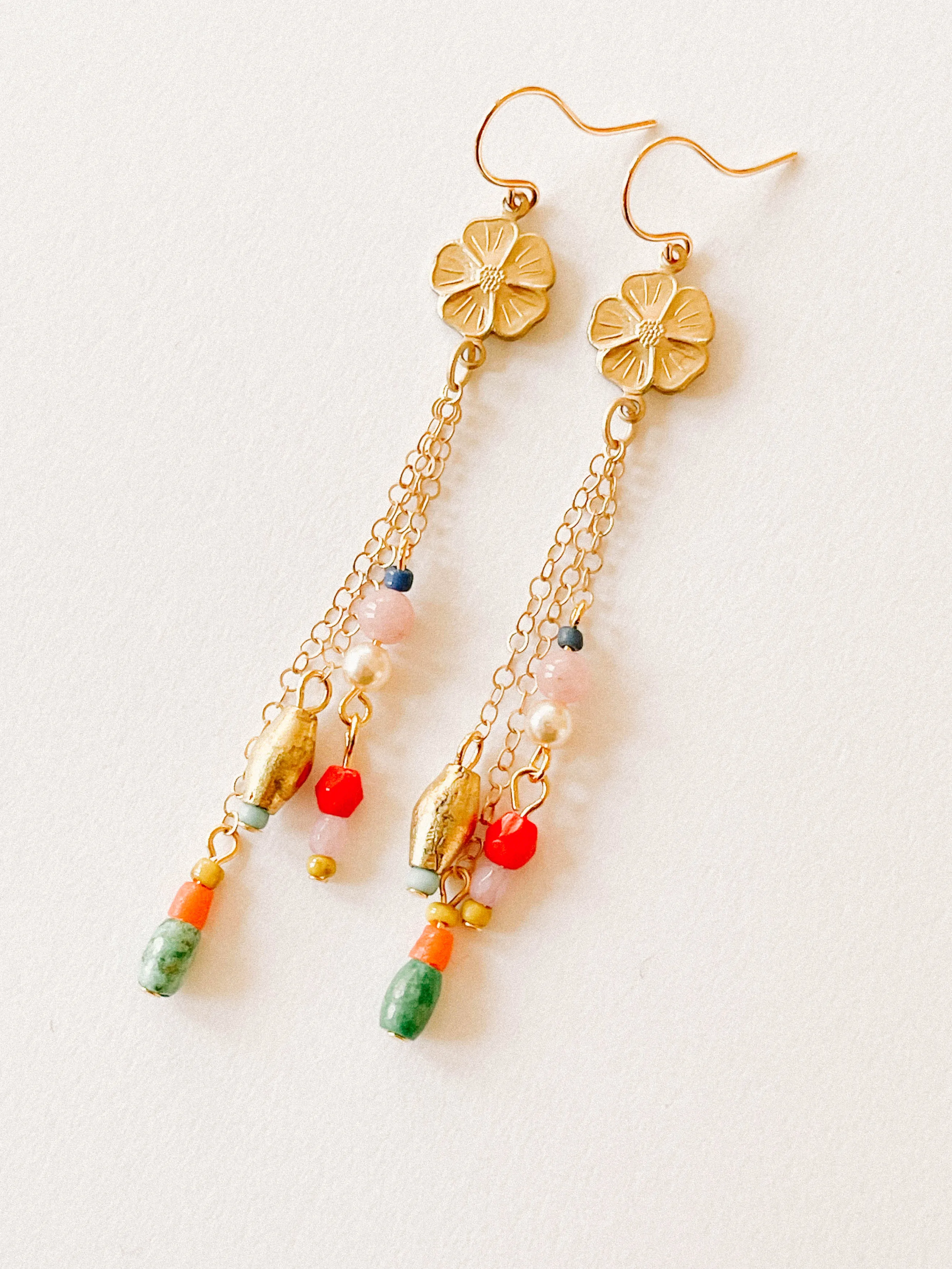 Long Flower Charm Earrings-WS