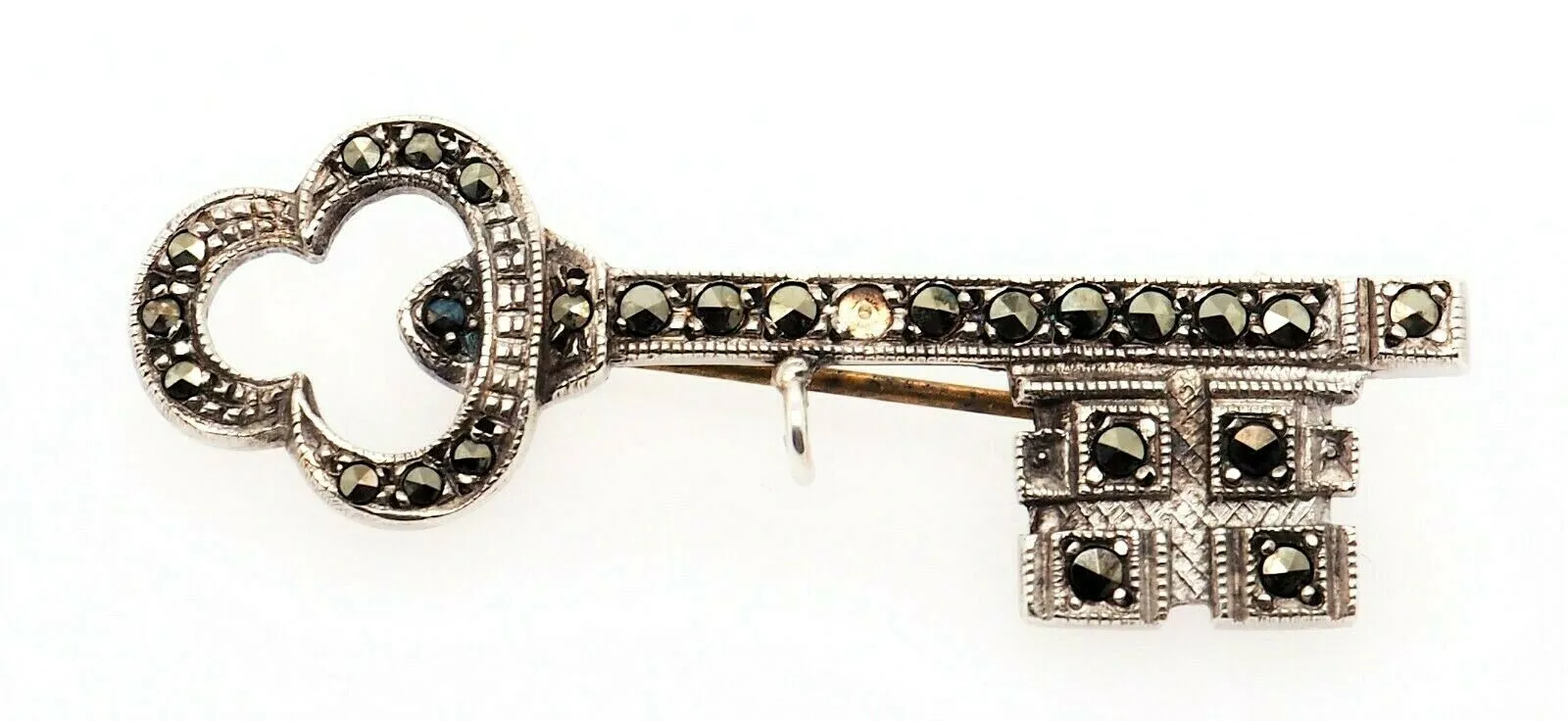 Marcasite Sterling Silver Key Brooch with Rollover Clasp