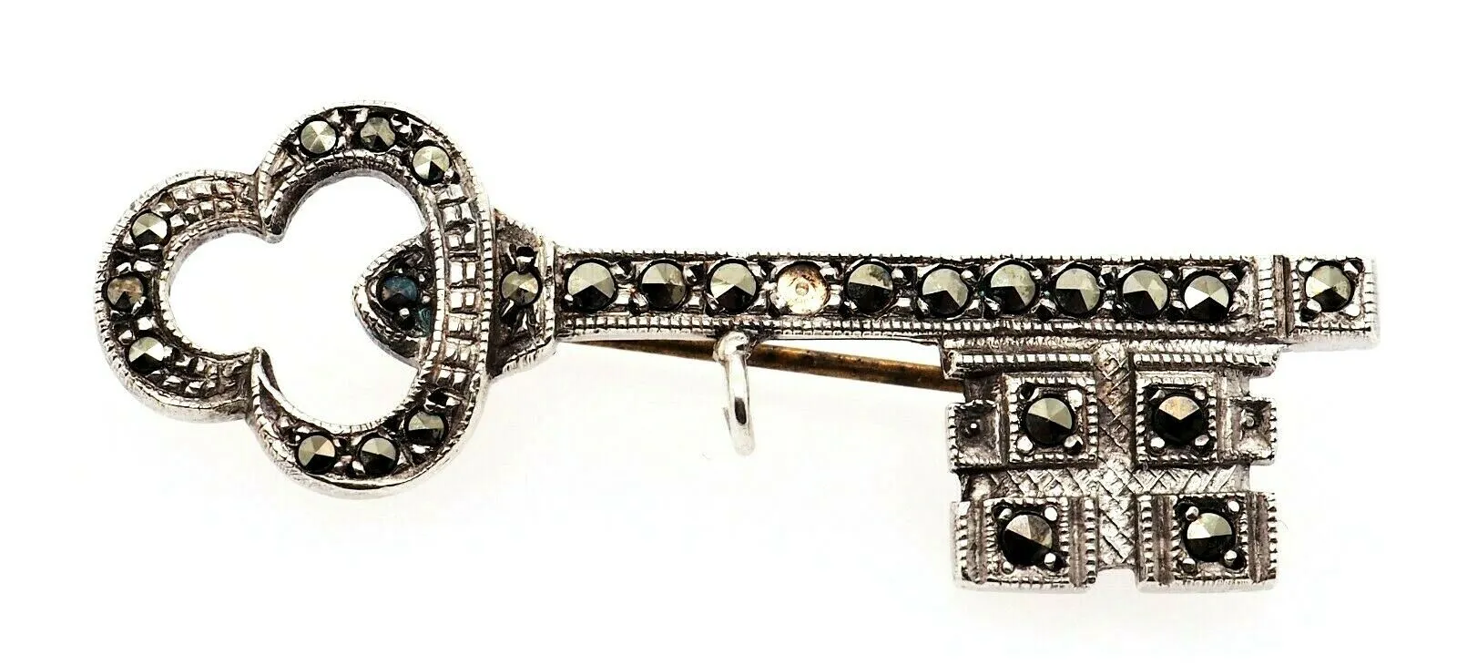 Marcasite Sterling Silver Key Brooch with Rollover Clasp