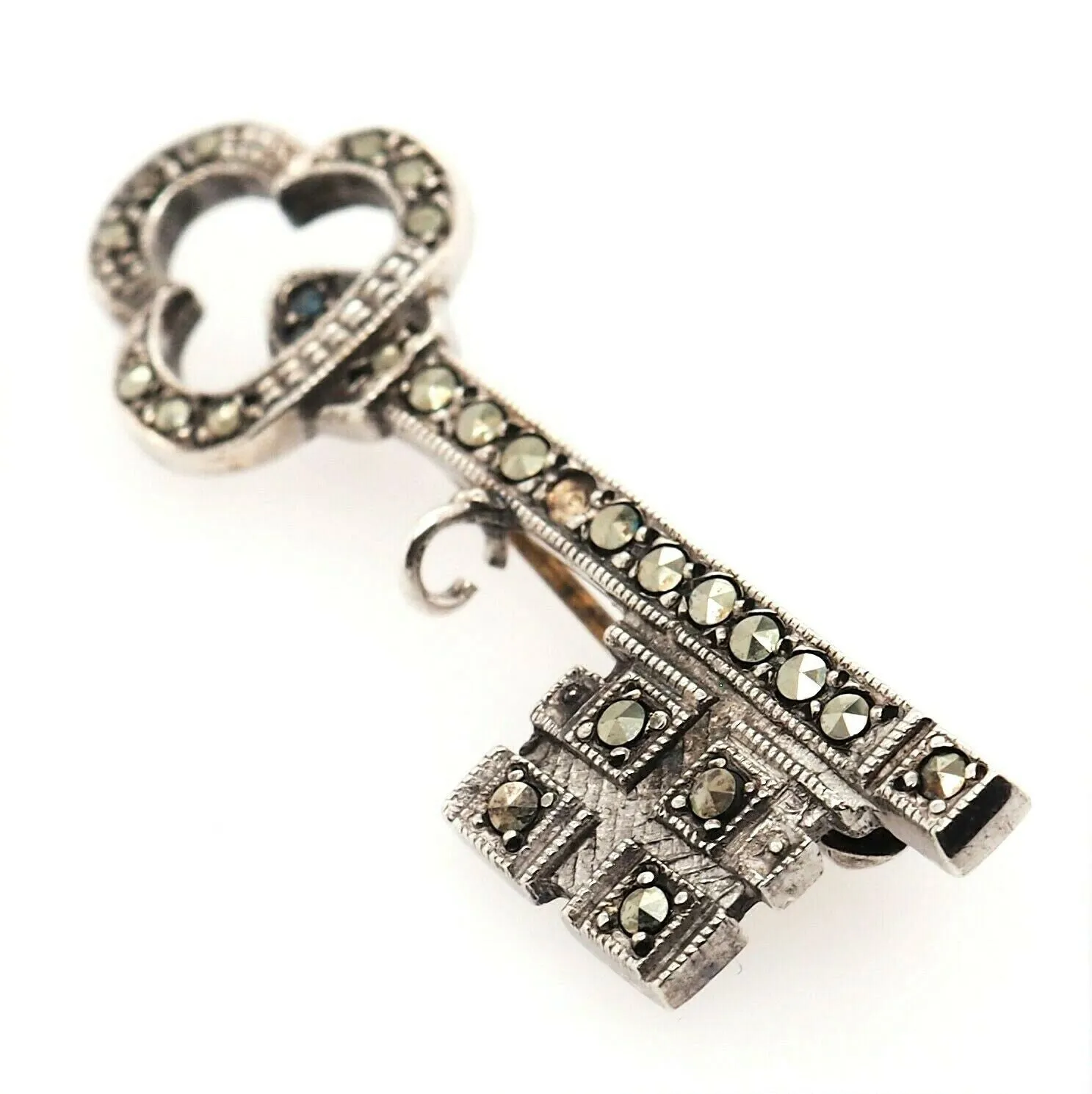 Marcasite Sterling Silver Key Brooch with Rollover Clasp