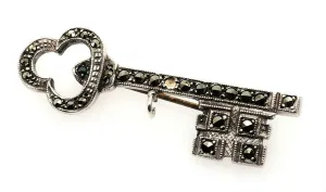 Marcasite Sterling Silver Key Brooch with Rollover Clasp