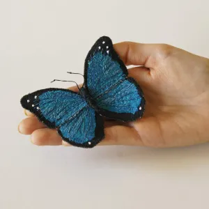 Menelaus blue morpho fiber art brooch