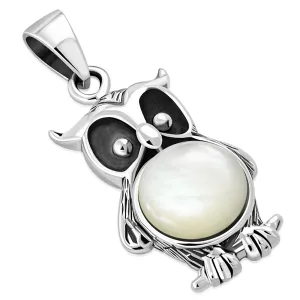 Mother Of Pearl Shell Owl Silver Pendant