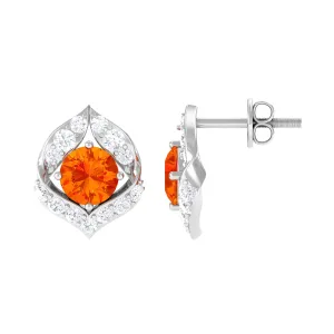 Orange Sapphire Unique Stud Earrings with Diamond