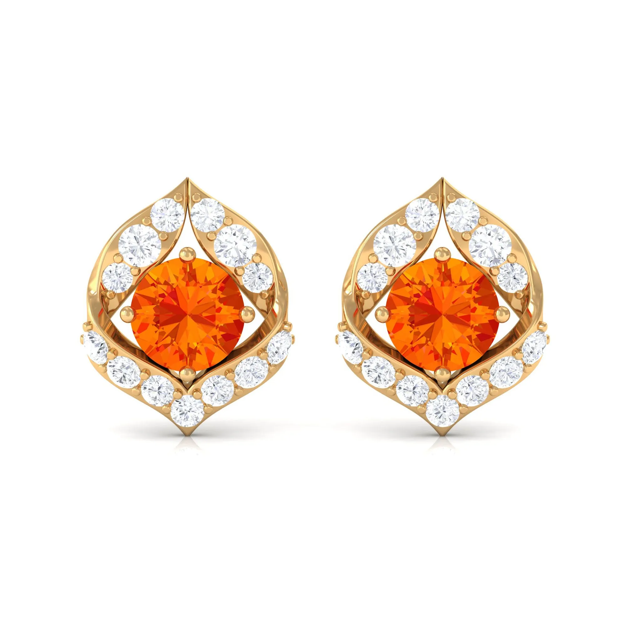 Orange Sapphire Unique Stud Earrings with Diamond