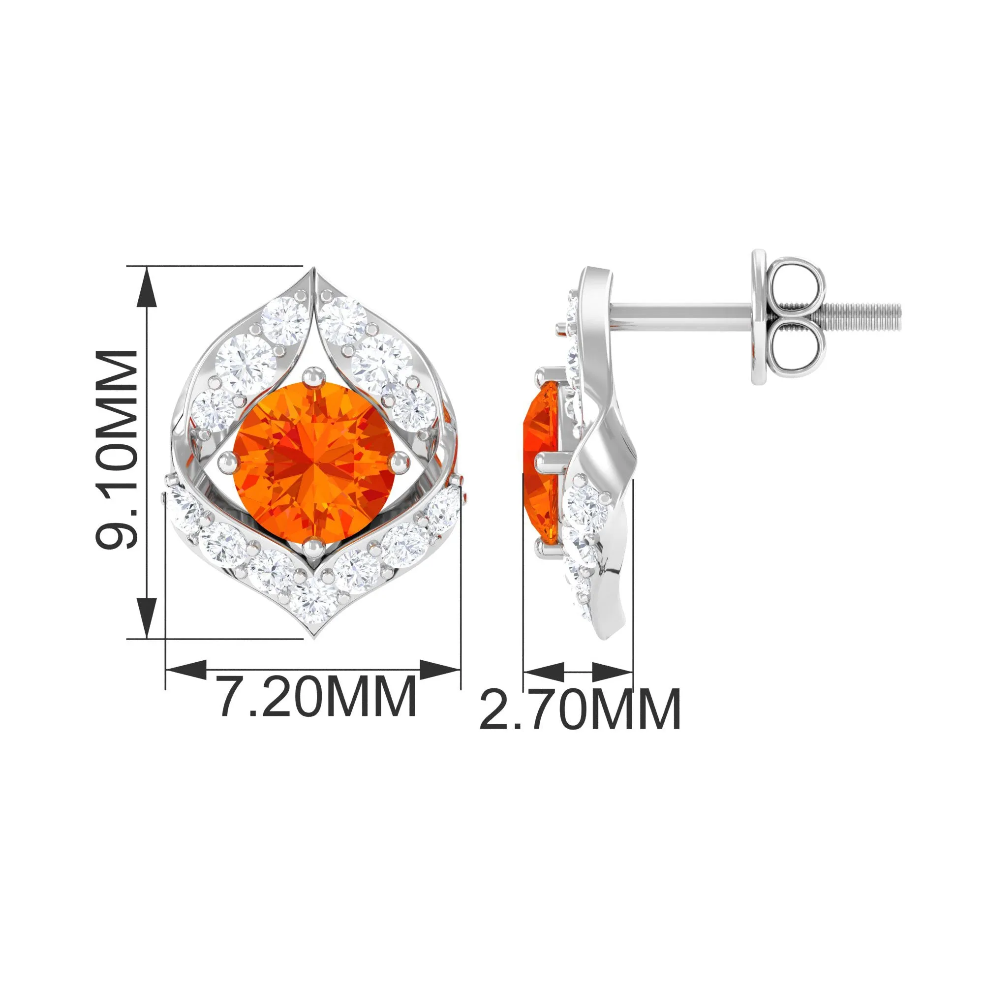 Orange Sapphire Unique Stud Earrings with Diamond