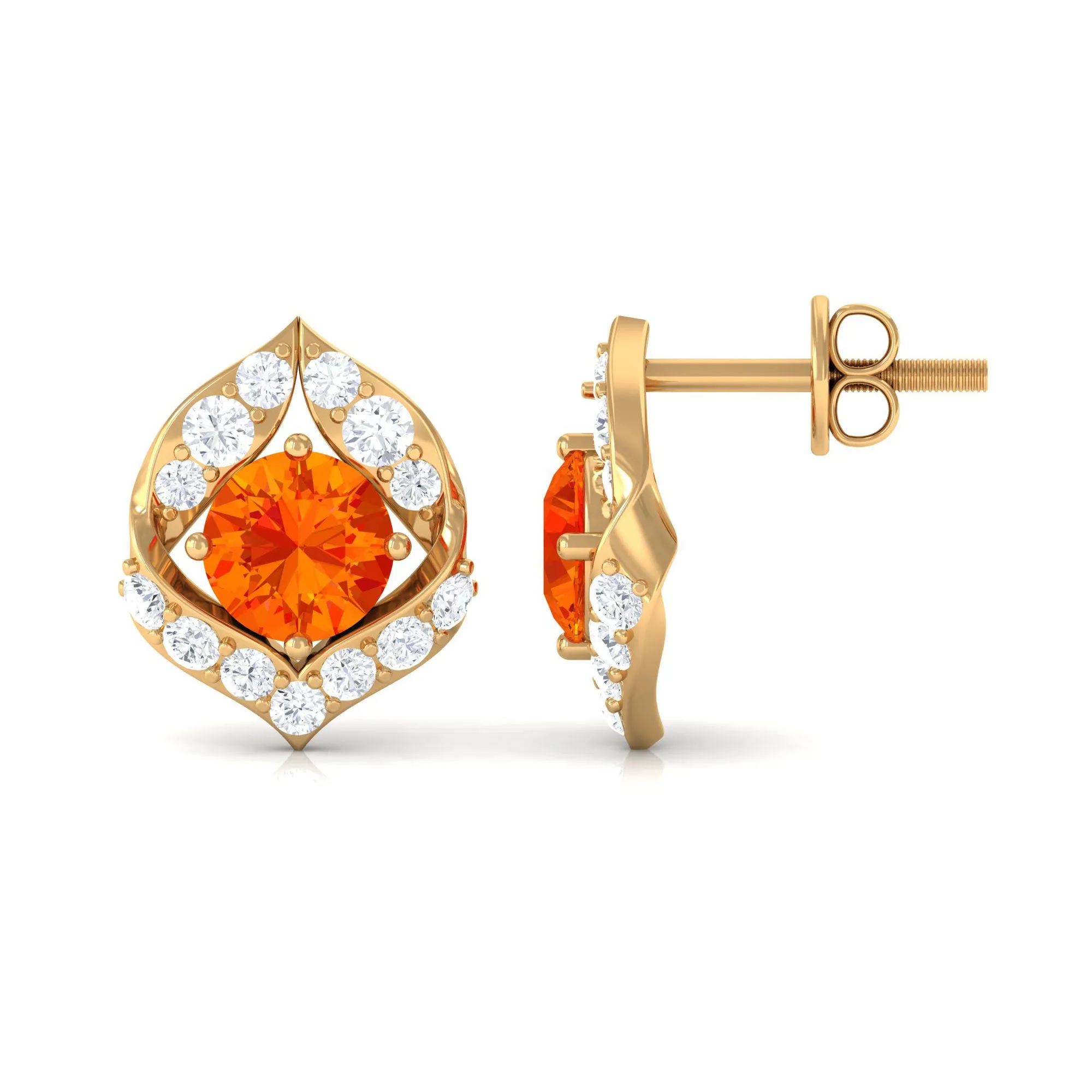 Orange Sapphire Unique Stud Earrings with Diamond