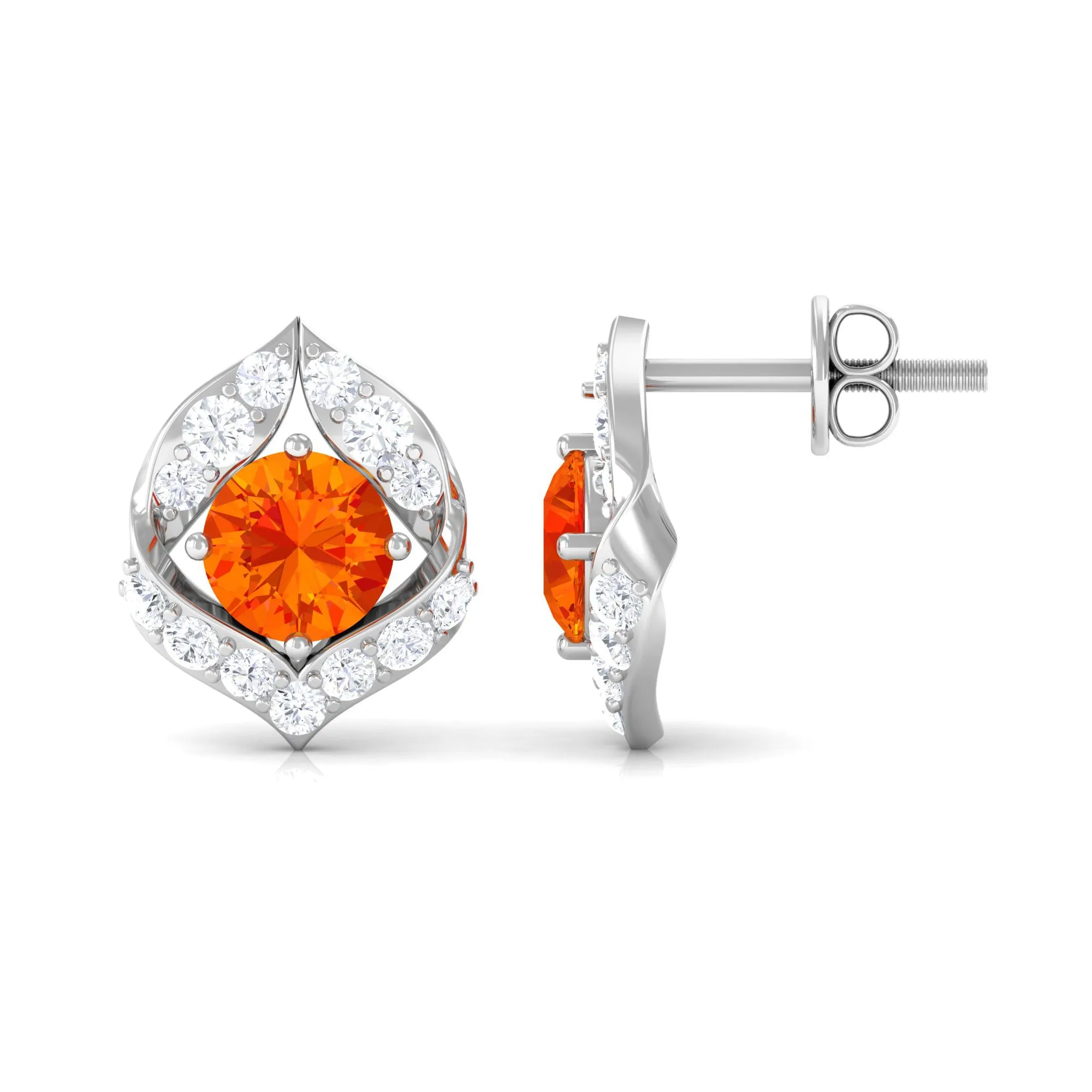 Orange Sapphire Unique Stud Earrings with Diamond