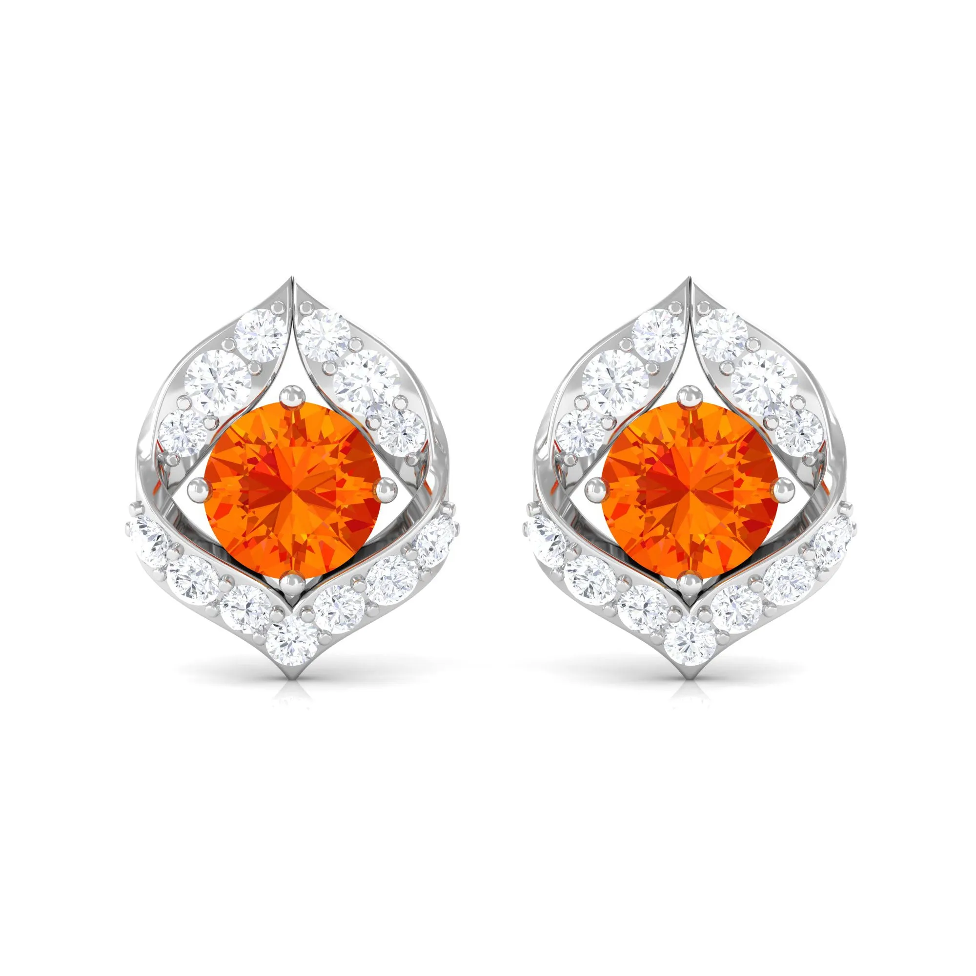 Orange Sapphire Unique Stud Earrings with Diamond