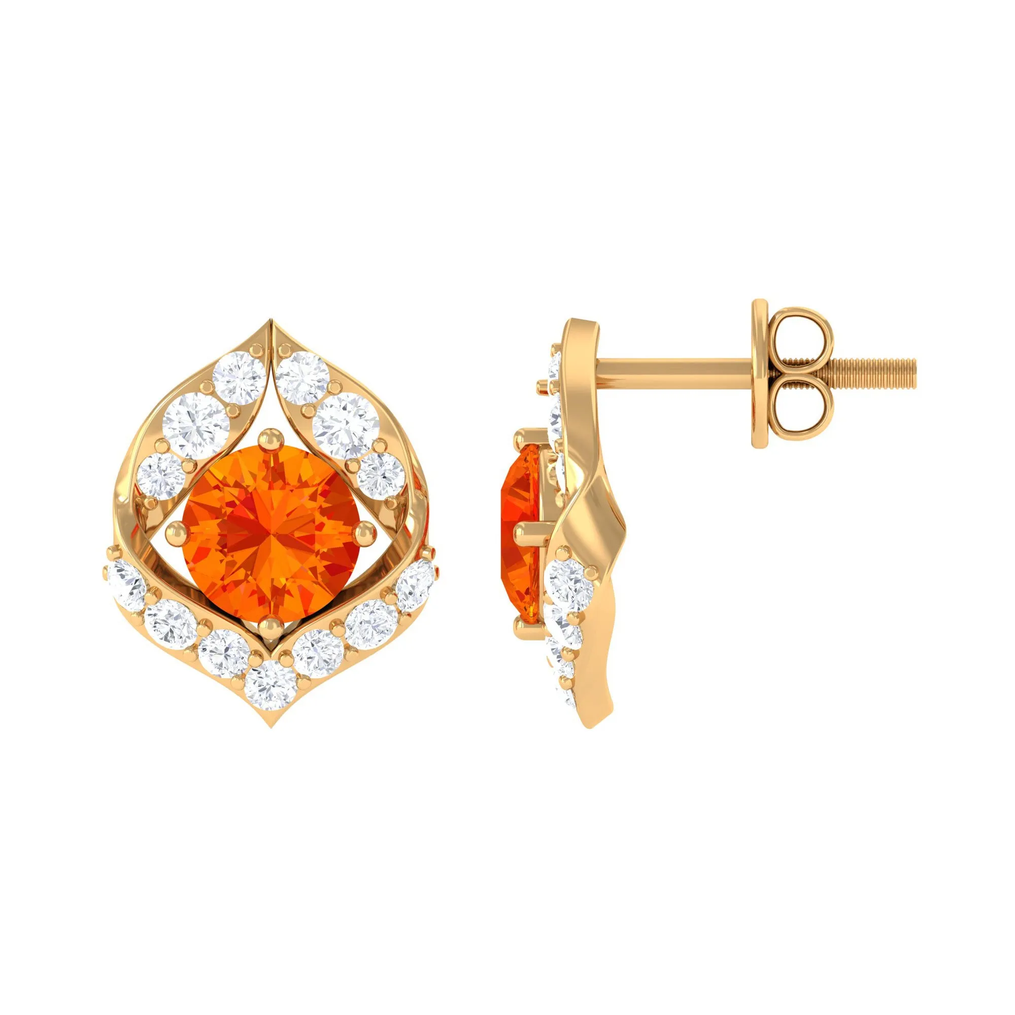 Orange Sapphire Unique Stud Earrings with Diamond