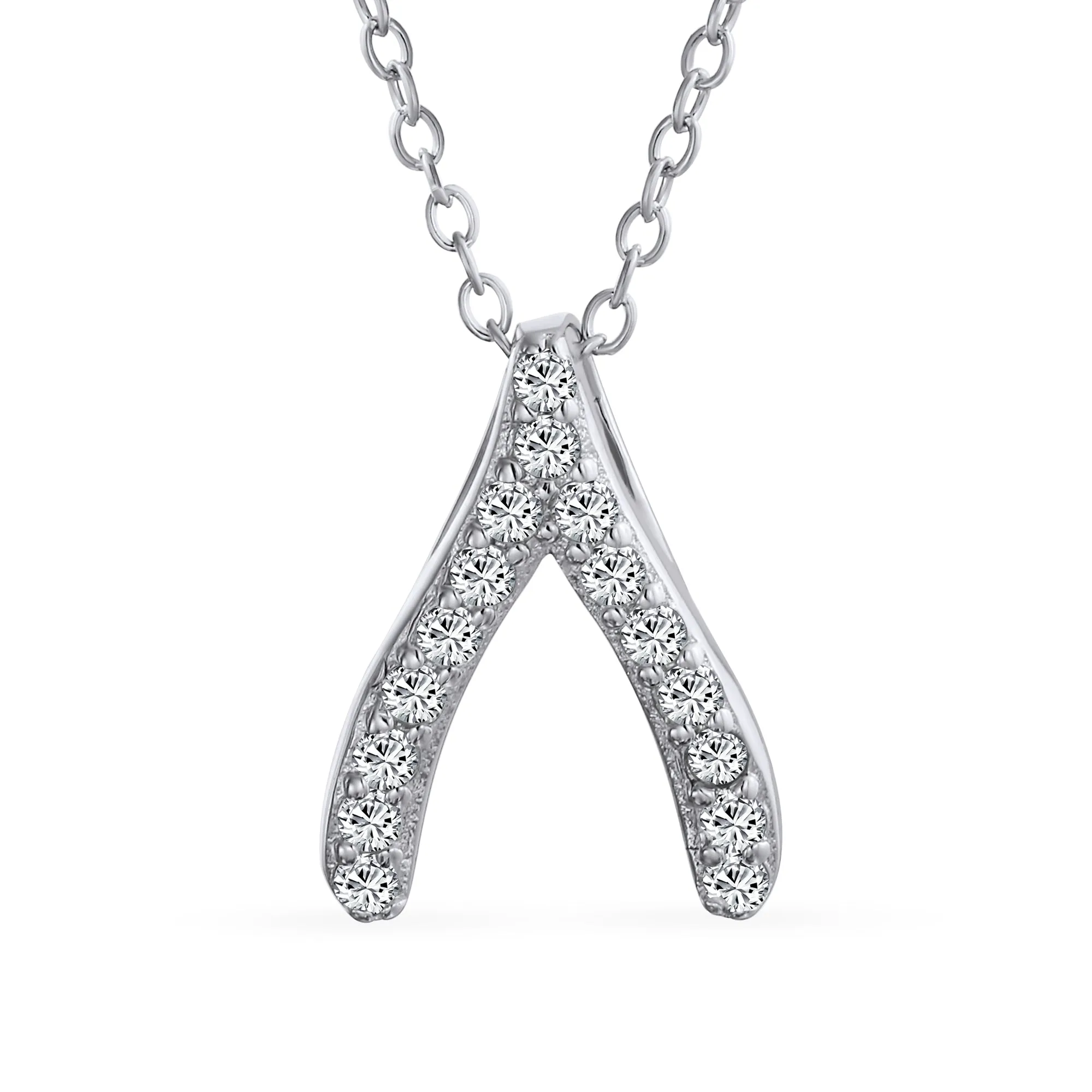 Pave CZ Good Luck Wishbone Pendant Necklace in Sterling Silver